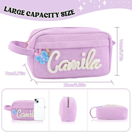 Personalized Makeup Bag with Name, Custom Embroidered Cosmetic Bag for Women Girls, Initial Quilted Corduroy Makeup Bags,Travel Toiletry Pouch, Gifts for Bride Bridesmaid, Birthday, Wedding