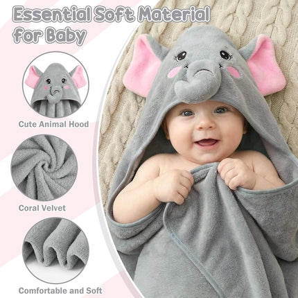 2 Pack Hooded Baby Towels Soft Absorbent Coral Fleece Baby Bath Towels with Animal Hood 32x32 Inch Toddler Bath Towel for 0-3 Years Newborn Baby Shower (Grey Elephant & Pink Dinosaur)