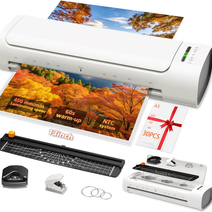13 Inch Laminator Machine, A3 11-in-1 Hot & Cold Thermal Laminator, 60s Warm-Up, 11x17 Laminating Machine for Teachers, Never-Jam Design Lamination Machine for Home, School & Small Business -White