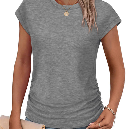 Womens Summer Tops Trendy 2026 Ruched Cap Short Sleeve Tshirts Shirts Crew Neck T Shirts Fashion