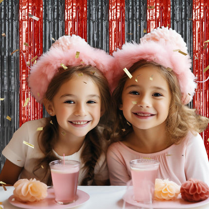 2 Pack Foil Fringe Backdrop - Red&Black Shiny Tinsel Curtains for Party Decoration/Photo Booth Props - 3.3x6.6 FT Metallic Foil Backdrop for Birthday, Wedding, Graduation, Christmas.