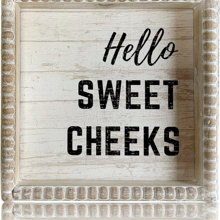 Boho Farmhouse Wooden Framed Bathroom Decor Signs, Funny Restroom Decorative Plaque Small Cute, Toilet Rules Shelf Decoration (Hello Sweet Cheeks)