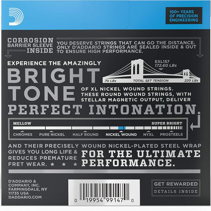 D'Addario Electric Guitar Strings, XL Nickel, EXL157, Baritone Medium Gauge 14-68, 6-String Set, Pack of 3