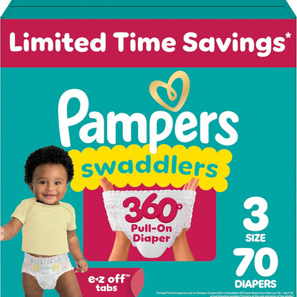 Pampers Diapers - Swaddlers 360° - Size 3, 70 Count, up to 100% Leakproof Comfy Dry Fit, Designed for Easy Changes, Pull On Baby Diaper (Packaging May Vary)