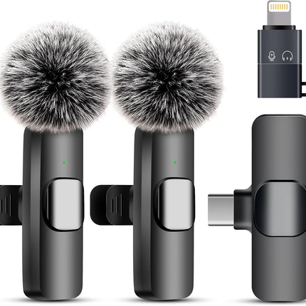Wireless Microphone for iPhone iPad and Android Phone, 2 Pack Wireless Lavalier Lapel Mic with Noise Reduction, Plug and Play Mini Microphone for Video Recording Interview Podcast YouTube TikTok Vlog