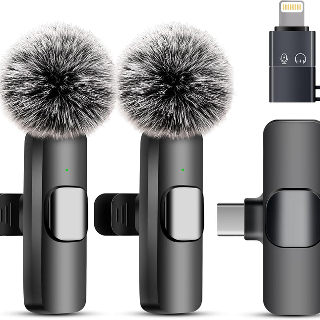 Wireless Microphone for iPhone iPad and Android Phone, 2 Pack Wireless Lavalier Lapel Mic with Noise Reduction, Plug