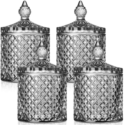4 Pcs Crystal Glass Candy Jar Set with Lids Home Decorative Storage Jars for Apothecary, Bathroom, Kitchen, and Pantry, Ideal for Cotton Swabs and Jewelry (Medium,Green)