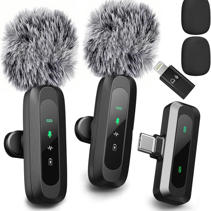 Upgraded Mini Microphone for iPhone Android/iPad PC with LED Display, Wireless Clip-On Mics, USB C Lavalier Microphone with Noise Cancelling (for Lightning-USB-C Port, Pink)