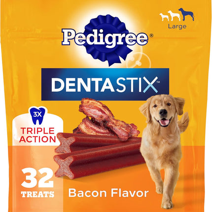 Pedigree Dentastix Dog Dental Treats, Large Breed Dog Treats, Bacon Flavor, 1.67 lb. Bag (32 Treats Total)