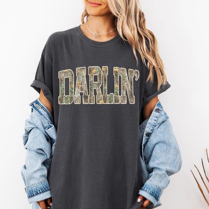 FITIN Darlin’ Camo Comfort Colors Tee, Southern Country Girl Shirt, Western Varsity Camouflage Graphic T Shirt