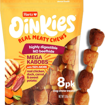 Hartz Oinkies Mega Kabobs with 100% Real Chicken Breast, Duck, Carrot & Sweet Potato Flavorful Beefhide-Free Natural Dog Treats, 8 Count