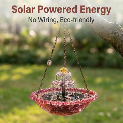 Solar Cascade Hanging Bird Bath, 3-Layer Powered Birdbath Water Fountain, Outdoor Water Dispenser for Hummingbirds, Hummingbird Bath Shower Bowl for Garden Yard, Red