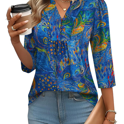 3/4 Length Sleeve Womens Tops Dressy Casual Henley V-Neck Summer Tops