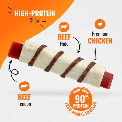 GOOD 'N' FUN Triple Flavor Wraps with Beef Tendon Chews, High-Protein Dog Treat for All Adult Dogs, Made with Real Beef Hide, Chicken & Beef Tendon, 8 Count