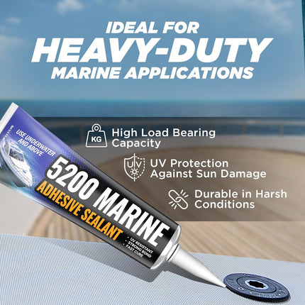 FORTIVO [Black] 5200 Marine Sealant - Fast Cure, High Bond Strength, UV Resistant Underwater 5200 Fast Cure, Marine Adhesive Sealant for Boats, Hulls, Decks, & RVs Marine Caulk Black 3oz
