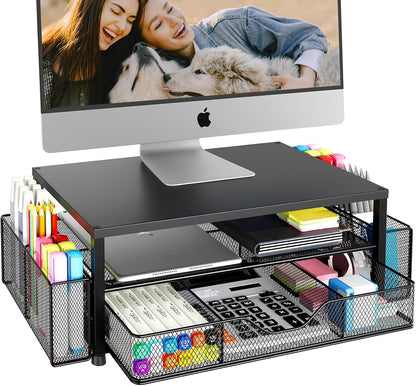 Black 2-Tier Monitor Stand Riser with Drawer and Pen Holders
