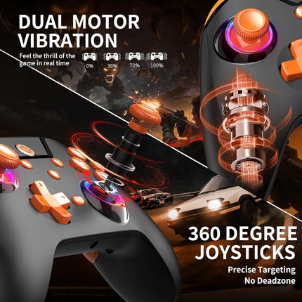 Wireless Gaming Controller, PC Controller for PC/Switch/P3/iOS/Android with 4 Programing Buttons, Hall Effect Trigger, RGB Lighting,1000mAh Battery, Turbo, Dual Vibration, Screenshot, Black+ Orange