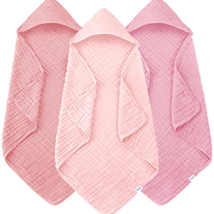Toallas de baño con capucha para bebé de muselina, pack de 3, toallas ultrasuaves 100% algodón para recién nacidos, bebés y niños pequeños, 32x32 Inch, esenciales muy absorbentes y de secado rápido para la hora del baño, playa y piscina, serie rosa