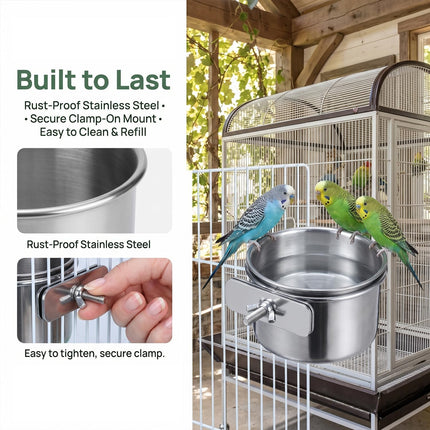4pcs Stainless Steel Bird Food & Water Bowls with Clamp Holders - 3.9 * 1.7" Durable Cage Feeders for Parrots, Conures, Budgies, Parakeets, Lovebirds - Easy-Clean Pet Bird Feeding Cups