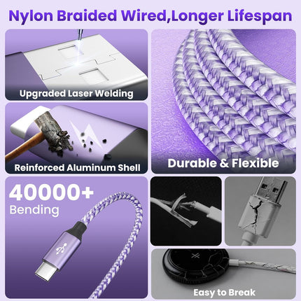 Travel Essentials Multi Charging Cable for iWatch Charger, 4in2 3 X USB C Cable Multiple Charger Cord, USBC Car CarPlay Cable Compatible with iWatch Ultra/11-1/iPhone 17-15/Galaxy S25-22, 5F Purple