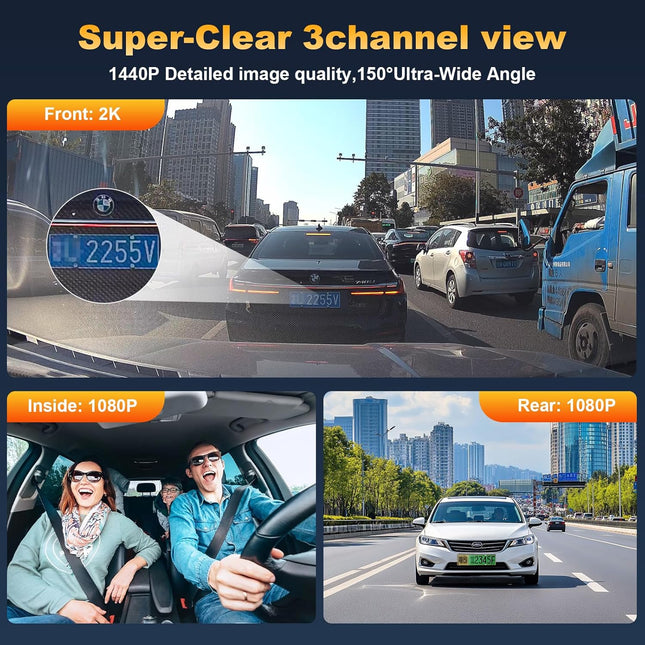 3 Channel Dash Cam Front Inside Rear, Uber Dash Cam for Cars