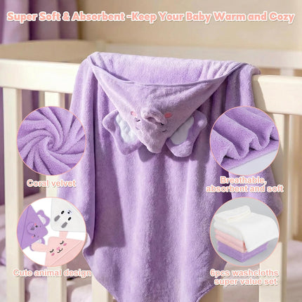 CandyHome 9 PCS Baby Bath Towels for Infants Toddlers, 3 PCS Animal Hooded Baby Towels & 6 PCS Washcloths Set, Ultra Absorbent Soft Cute Newborn Bath Essentials Gifts for Boys & Girls
