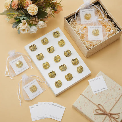 Sureio 30 Set Academic Excellence Lapel Pins Bulk 2026 Graduation Souvenir Gifts Gold School Award Badges 1 Inch with Card, Organza Bag for Student Teacher Congrat Grad Party