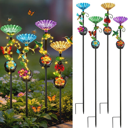Solar Hummingbird Feeder with LED Light,Garden Bird&Butterfly Water Feeder Stakes,Solar Garden Decor for Hummingbirds Bees&Butterflies,Metal Yard Stakes with Dragonfly Ladybug Bird & Butterfly(4 Pack)