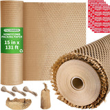 Honeycomb Packing Paper Bubble Wrap Roll 15" x 131' - Eco-Friendly Bubble Cushioning Wrap for Moving，Shipping and Packing Supplies with 40 Fragile Stickers & 3 Hemp Ropes