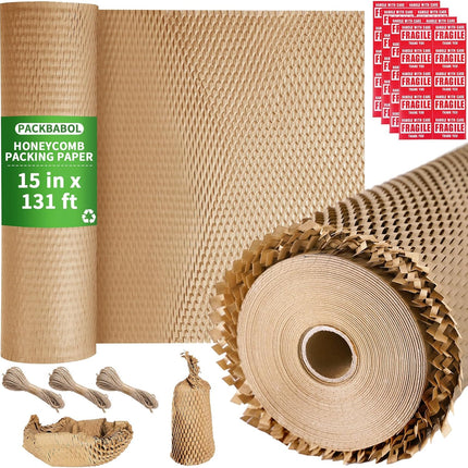 PACKBABOL Honeycomb Packing Paper Bubble Wrap Roll 15" x 131' - Eco-Friendly Bubble Cushioning Wrap for Moving，Shipping and Packing Supplies with 40 Fragile Stickers & 3 Hemp Ropes