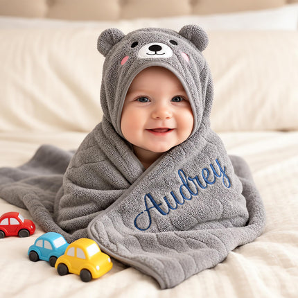 Personalized Baby Hooded Towel with Name, Custom Name Animal Bath Towel