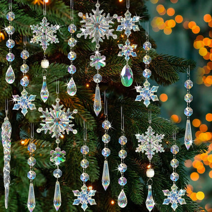 Crystal Christmas Tree Ornaments, Clear Acrylic Snowflake & Icicle, 18pcs
