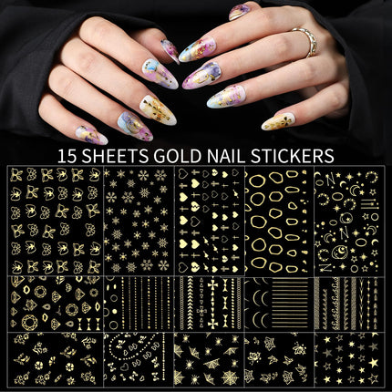 Nail Charms Nail Gems with 15 Sheets Gold Nail Stickers, 6 Boxes of Rhinestones for Nails Art Tools, 3D Nail Decals Pearls for Nails