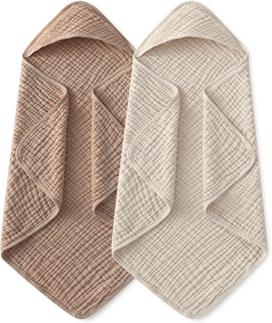 Hooded Baby Towels for Newborn 2 Pack 100% Muslin Organic Cotton Baby Bath Towel with Hood for Babies, Infant, Toddler