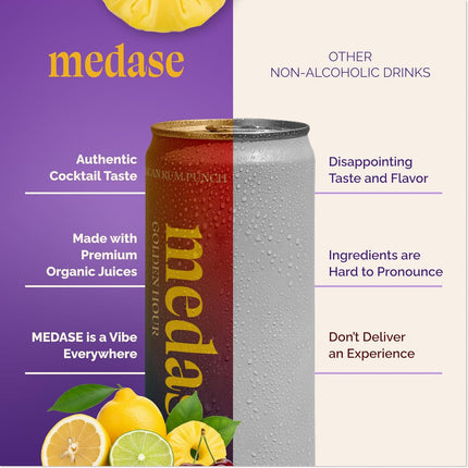 MEDASE Jamaican Rum Punch "Golden Hour" Non-Alcoholic Mocktail (12oz 4 Pack) Authentic Taste, Healthy and Organic Drink, Alcohol Free Beverage, Low Calorie, Gluten Free, Vegan, GMO Free