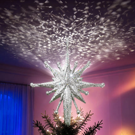 Christmas Tree Topper with Rotating Snowflake Projector, Silver