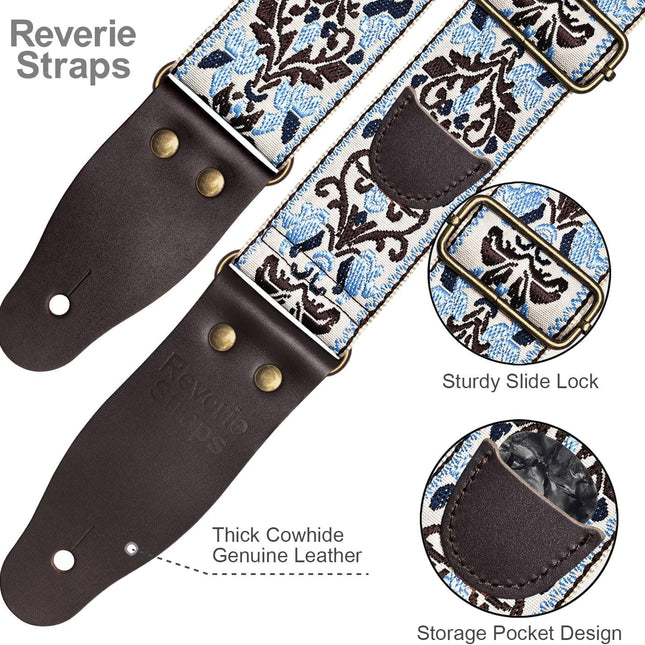 Jacquard Embroidered Guitar Strap, Genuine Cowhide Leather Ends