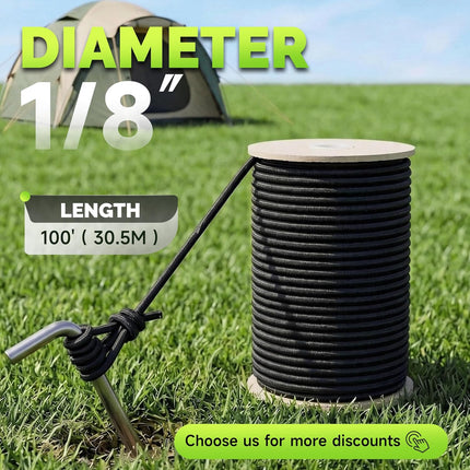SMART&CASUAL Marine Grade Bungee Cord Roll 1/8" x 100' Black Premium Polyester Natural Latex Core Shock Cord Heavy Duty Elastic Rope for Kayak Tarp Tie Down Camping Canopy DIY Crafting