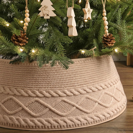 Knitted Christmas Tree Collar: Cream Crossed Diamond Edge Chunky Cable Knit Christmas Tree Collars for Artificial Trees, Farmhouse Rustic Tree Ring Tree Skirt for Christmas Home Décor
