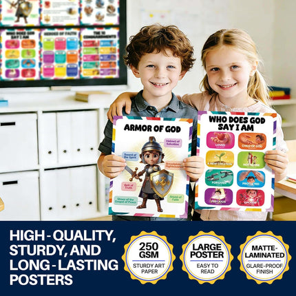 16pcs Bible Posters for Kids, 11x14in Sunday School Decorations for Classroom, Laminated Christian Wall Art with Glue Dots, Waterproof Books of the Bible Scripture Educational Prints for Homeschool