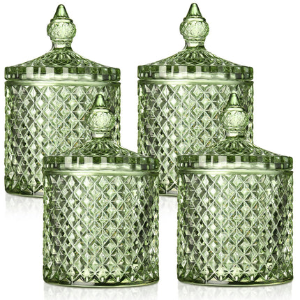 4 Pcs Crystal Glass Candy Jar Set with Lids Home Decorative Storage Jars for Apothecary, Bathroom, Kitchen, and Pantry, Ideal for Cotton Swabs and Jewelry (Medium,Green)