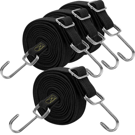 Bungee Cords with Hooks, 48 Inch Adjustable Flat Bungee Straps with Quick Release Buckle, Rubber Black Heavy Duty Elastic Cords with Metal Hooks for Bike Rack, Outdoor, Camping, Tarp, 6 Pack