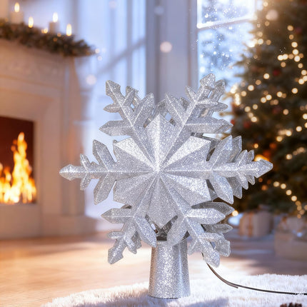 Christmas Tree Topper with Rotating Snowflake Projector, Silver
