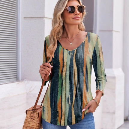 3/4 Length Sleeve Womens Tops V Neck Blouses Pleated Casual Shirts