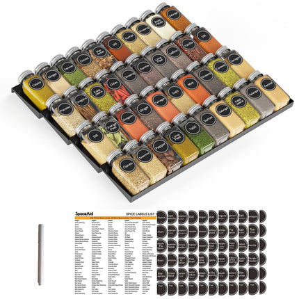 Spice Drawer Organizer with 28 Spice Jars, 386 Spice Labels, 4 Tier Seasoning Rack Tray Insert for Kitchen Drawers, 13" Wide x 17.5" Deep