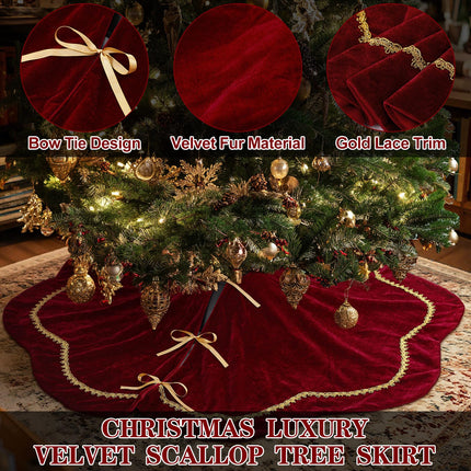 Red 48 Inch Christmas Tree Skirt Velvet Scallop Ddge