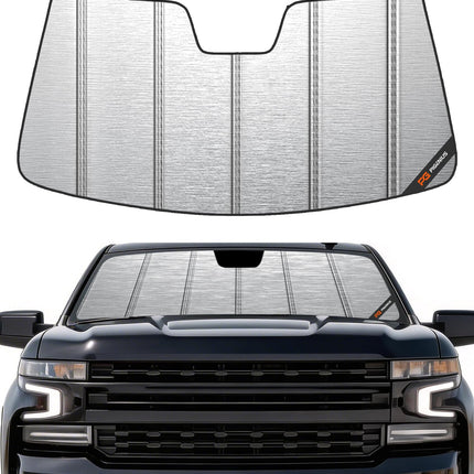 Windshield Sun Shade for Chevy Silverado & GMC Sierra 1500/2500/3500 2019-2026 (WT, Custom, Pro Trims) - Fits All Trims 2019-2021, Non-HUD Models Only, Premium Grey Leather Finish