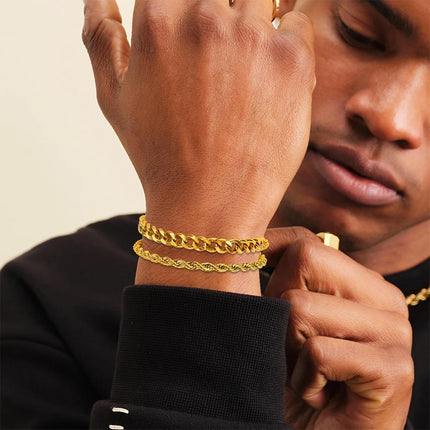 PEALICIOUS Bracelets for Men Jewelry as 2 PCS Silver/Gold Bracelet for Men Chain, 7-10In Stainless Steel Bracelets for Men Fathers Days Gifts for Boys Pulseras Para Hombres Mens Accessories