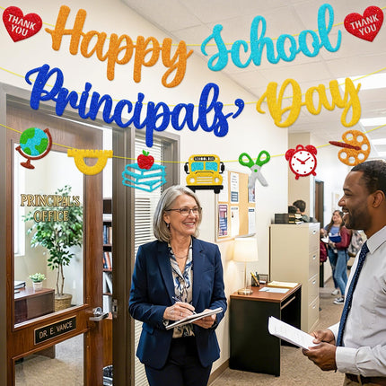 Happy School Principals’ Day Banner, Principal Appreciation Decorations – Thank You from Teachers, Staff, PTO & PTA, We Appreciate Your Leadership Decor for School, Office & Classroom