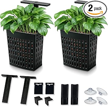 2 Pack Adjustable Aquarium Plant Holder, Top Hanging Fish Tank Plant Holder, Black